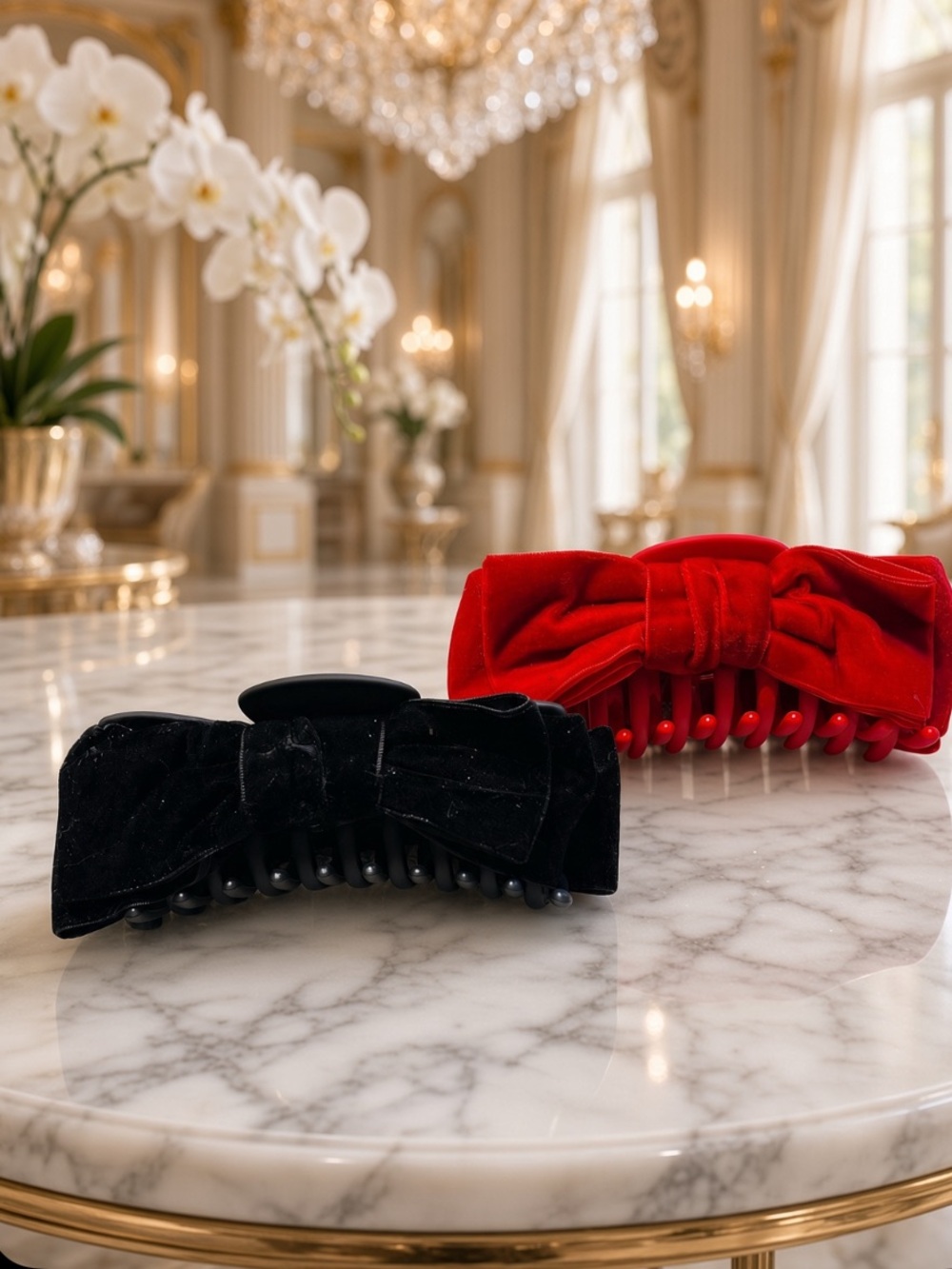 Velvet Bow Hair Claw Clip — Black & Red ( Set of 2) New Boutique